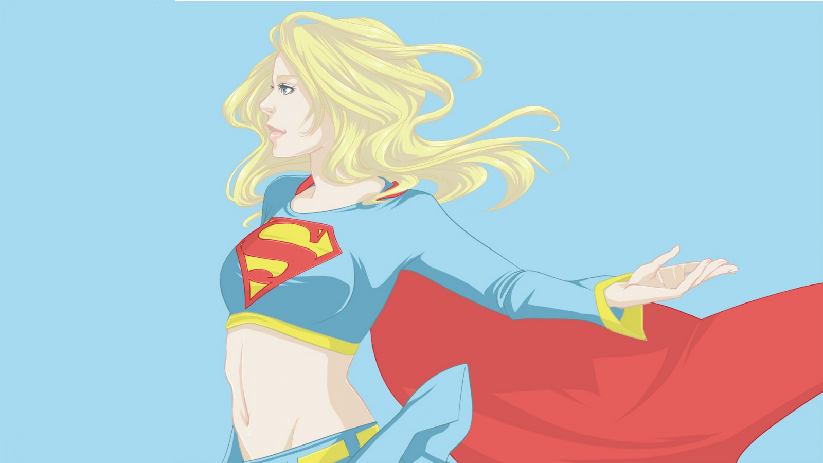 illustration, anime, artwork, yellow, blue, cartoon, mouth, happiness, Supergirl, joint, ART, girl, smile, hand, muscle, arm, graphics, 1920x1080 px, computer wallpaper, human hair color, fictional character, mangaka, fiction, mythical creature