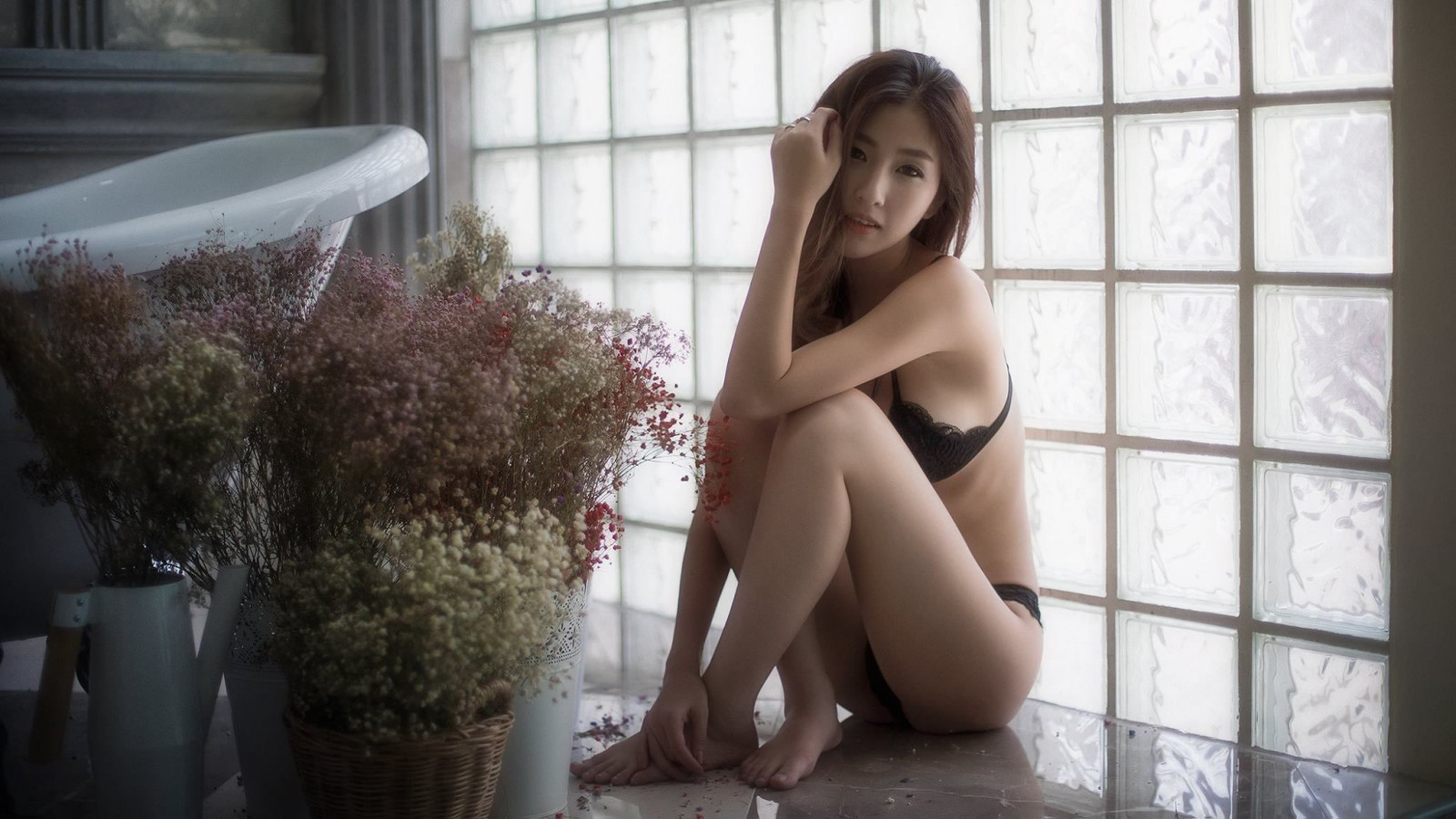 women model window flowers long hair ass looking at viewer Asian sitting dress black hair bra fashion hair bathtub lingerie panties black lingerie Atita Wittayakajohndet underwear Thailand clothing girl beauty hand lady leg image blond hairstyle photo shoot brown hair art model human body thigh undergarment