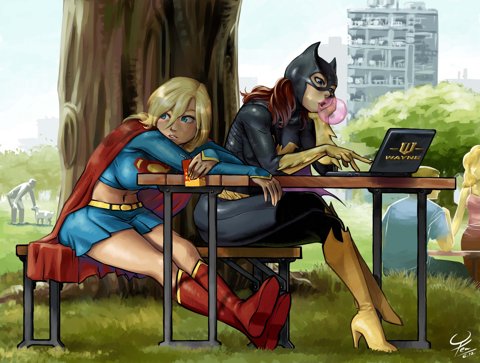 trees, anime, artwork, mask, cartoon, chair, national park, cape, DC Comics, laptop, boots, comics, superheroines, Supergirl, bubble gum, Batgirl, Batwoman, Superwoman, games, screenshot