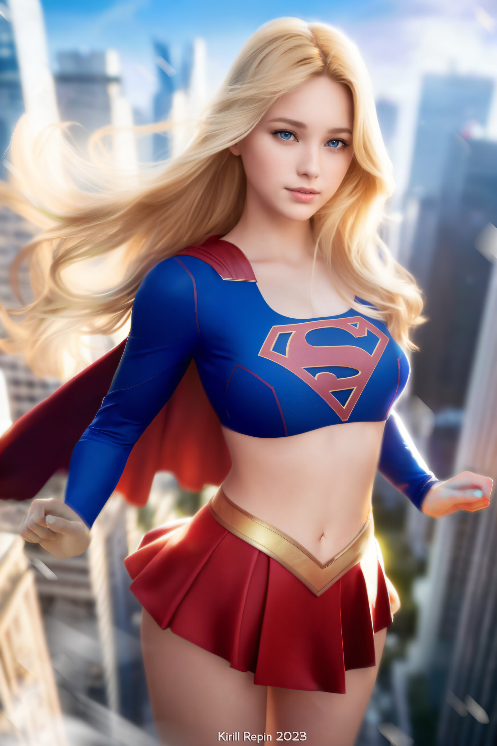 Kirill Repin, drawing, women, Supergirl, flying, blonde, skirt, skyscraper, cape