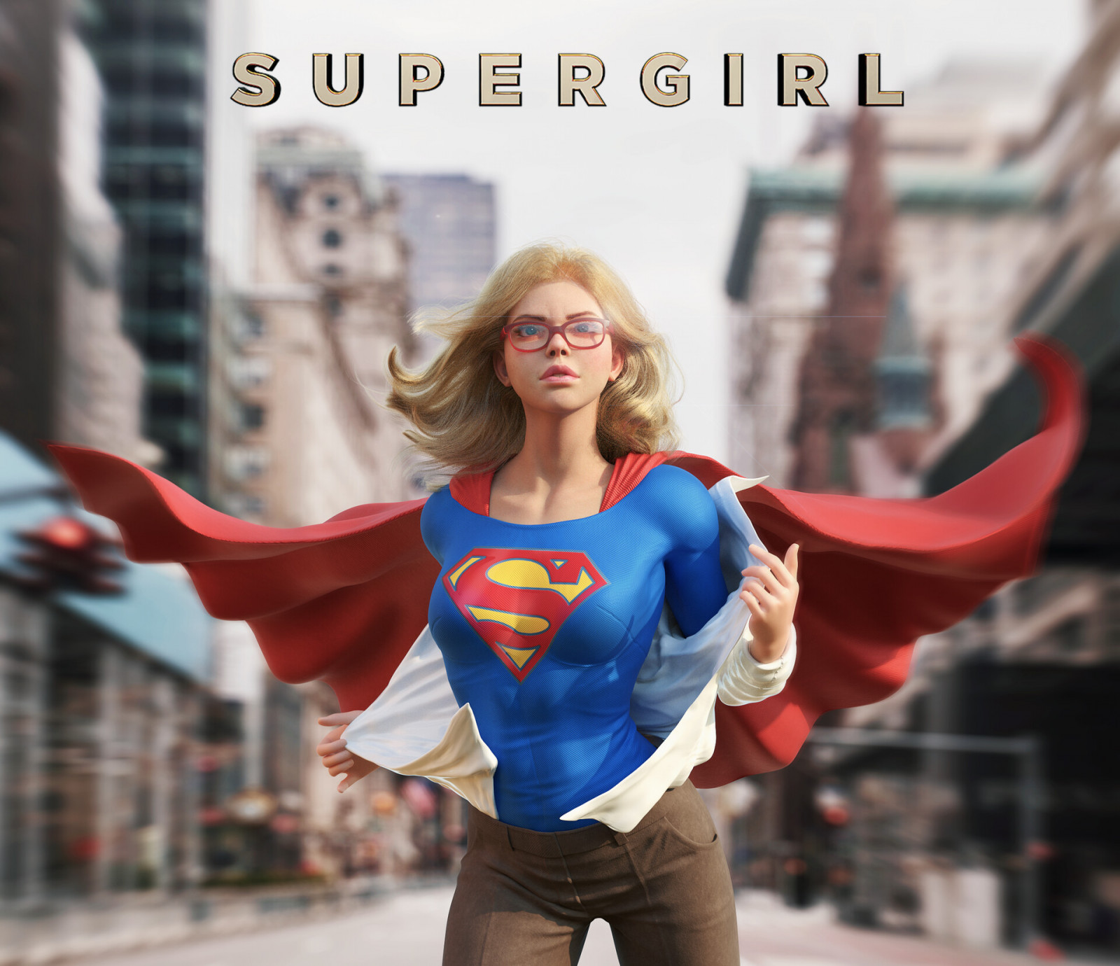 Supergirl, artwork, ArtStation, superheroines, blonde, women with glasses, cape