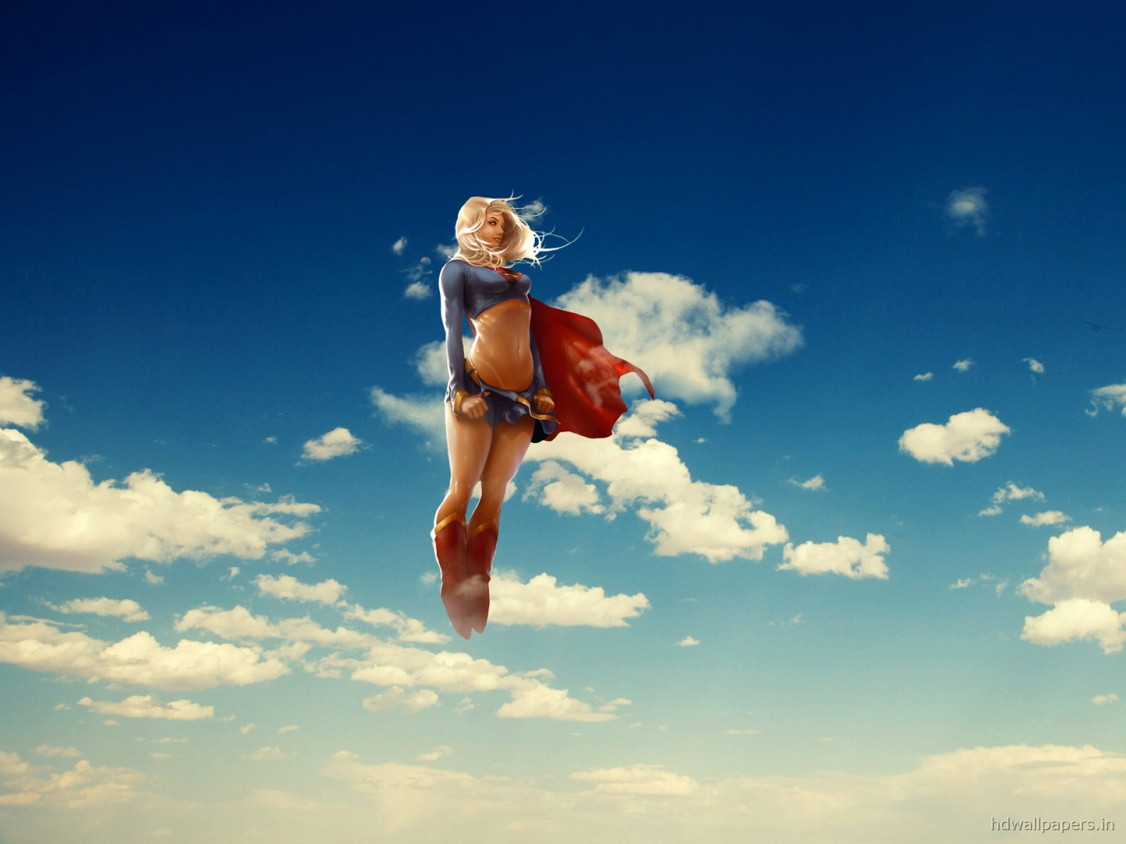 sports, digital art, blonde, anime, sky, jumping, artwork, clouds, blue, flying, superhero, cape, DC Comics, superheroines, Supergirl, Superwoman, cloud, hand, atmosphere of earth, human action, extreme sport, physical exercise, parachuting