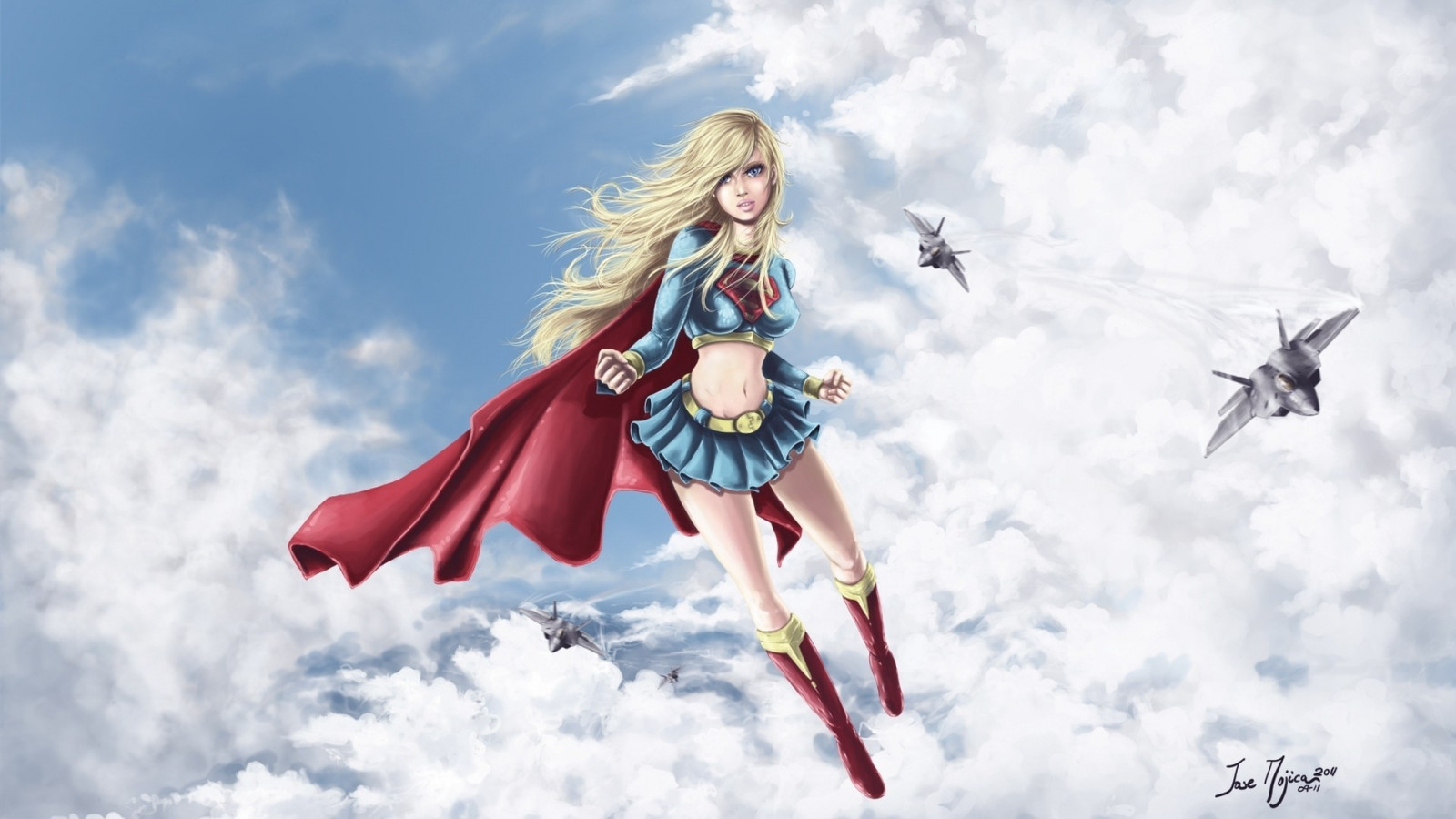 anime, sky, artwork, blue, superhero, military aircraft, Toy, Superman, superheroines, Supergirl, Superwoman, wing, screenshot, computer wallpaper, fictional character