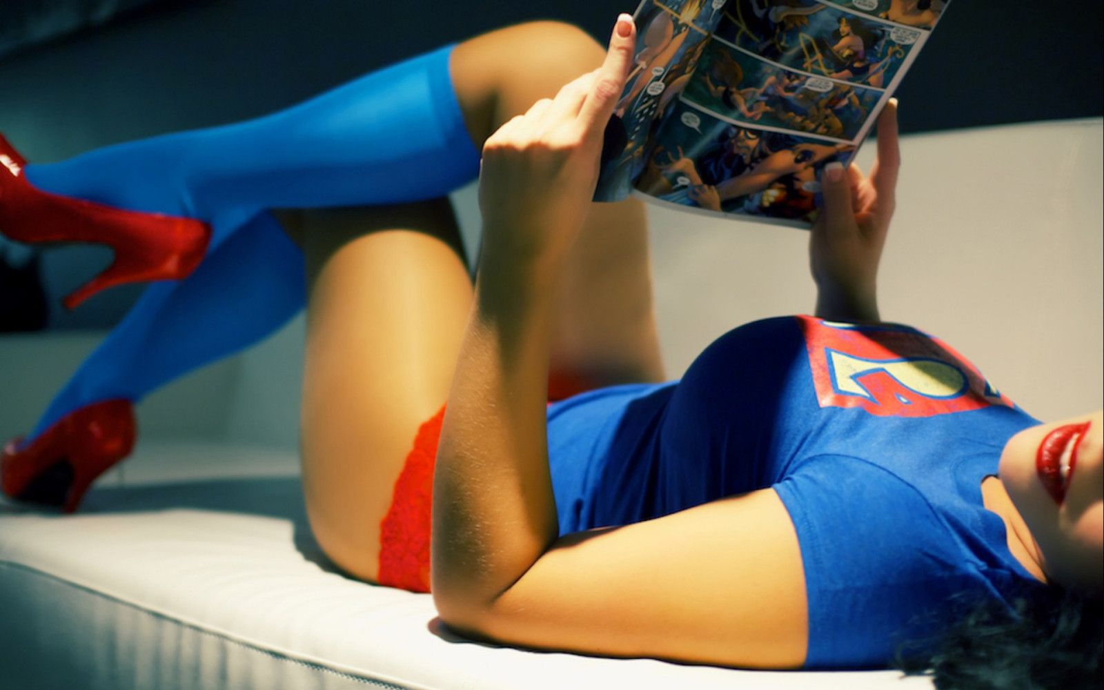 sports, women, model, reading, blue, lying down, superhero, Superwoman