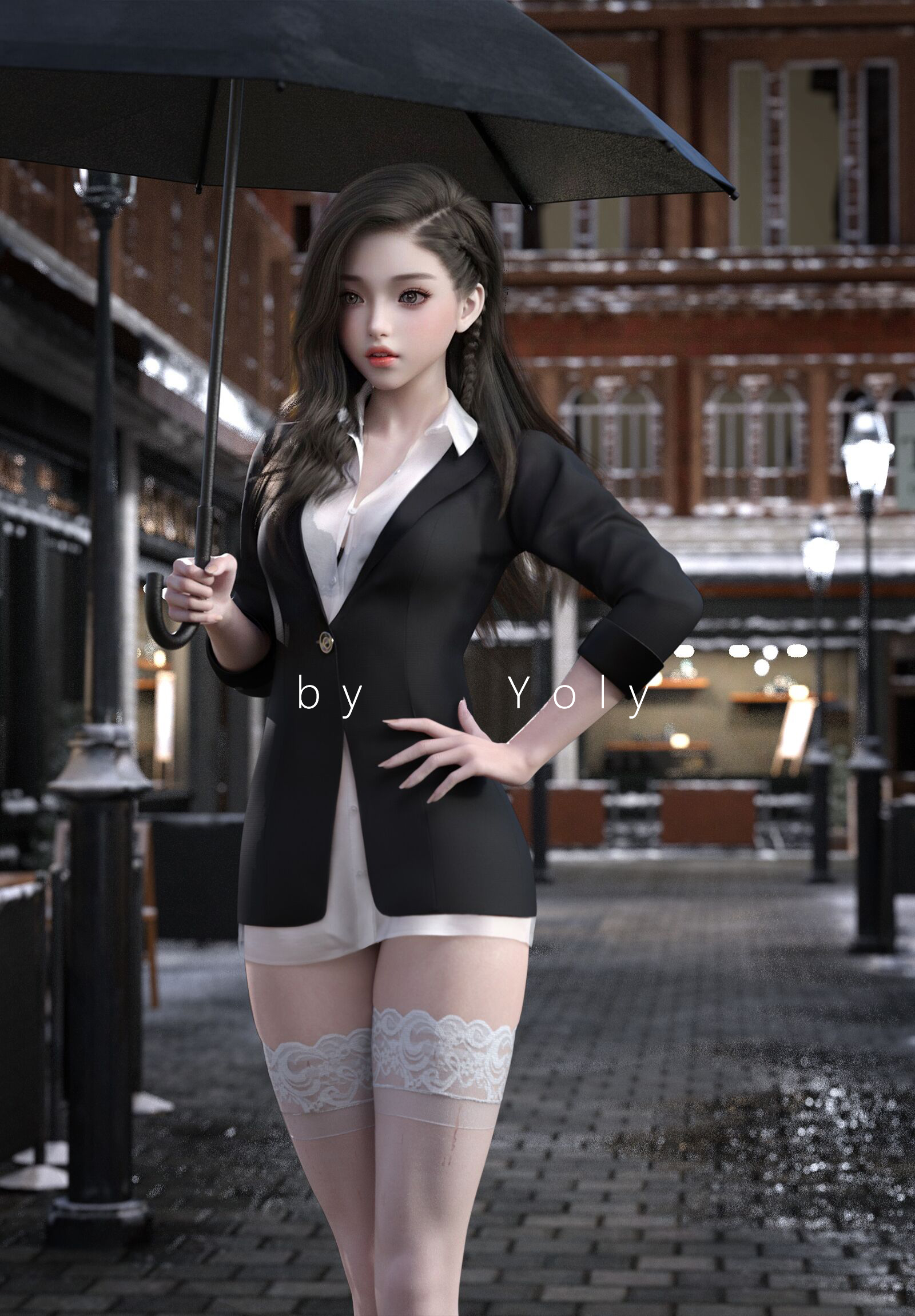 Yoly, Cosplay, CGI, nghệ thuật số, đàn bà, Châu Á, áo sơ mi, Quần áo ướt, theo chiều dọc, ô, tay trên hông, Vớ